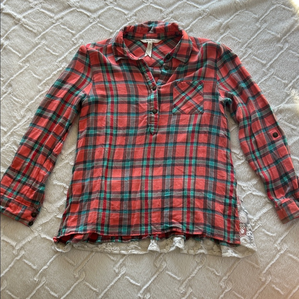 Matilda Jane Coral and Light Blue Plaid Button Down Shirt